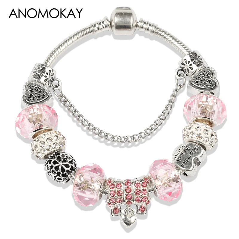 Valentine's Heart Crystal Bracelet - Elegant Pink Charm Bracelet for Loved Ones