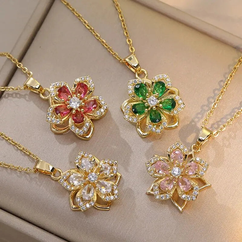 Light Luxury Zircon Flower Pendant Necklace for Women - Gold Color High-Quality Chain Jewelry Party Gifts