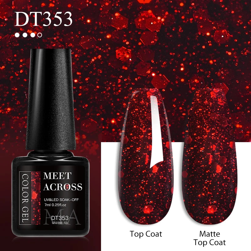 MEET ACROSS 7ml Red Gel Nail Polish - Crystal Semi Permanent Soak Off UV Gel Varnish for Stunning Nail Art Manicure with Matte Top Coat