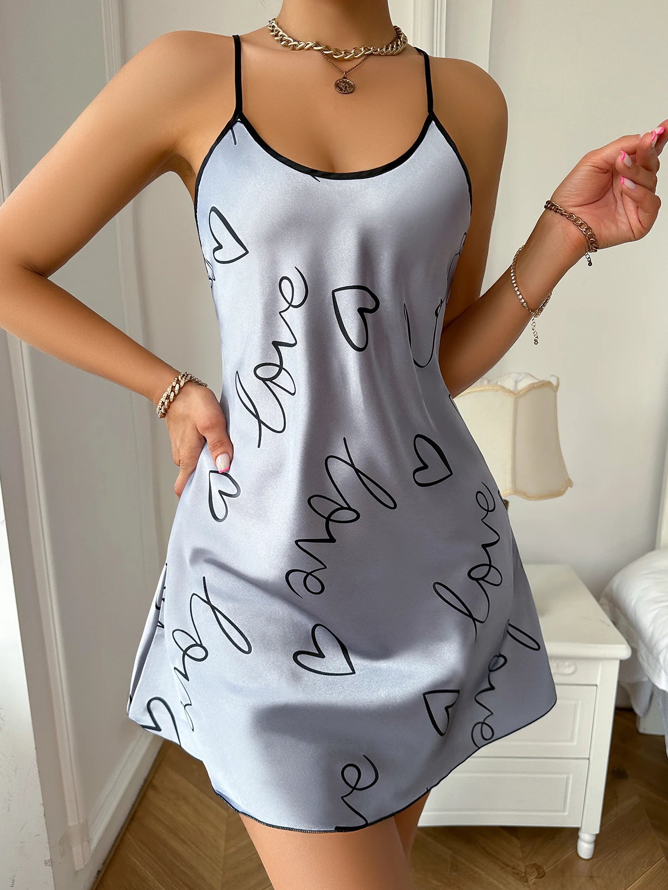 Heart Print Nightdress Casual Round Neck Spaghetti Strap Sleep Dress for Women - Allurra Store