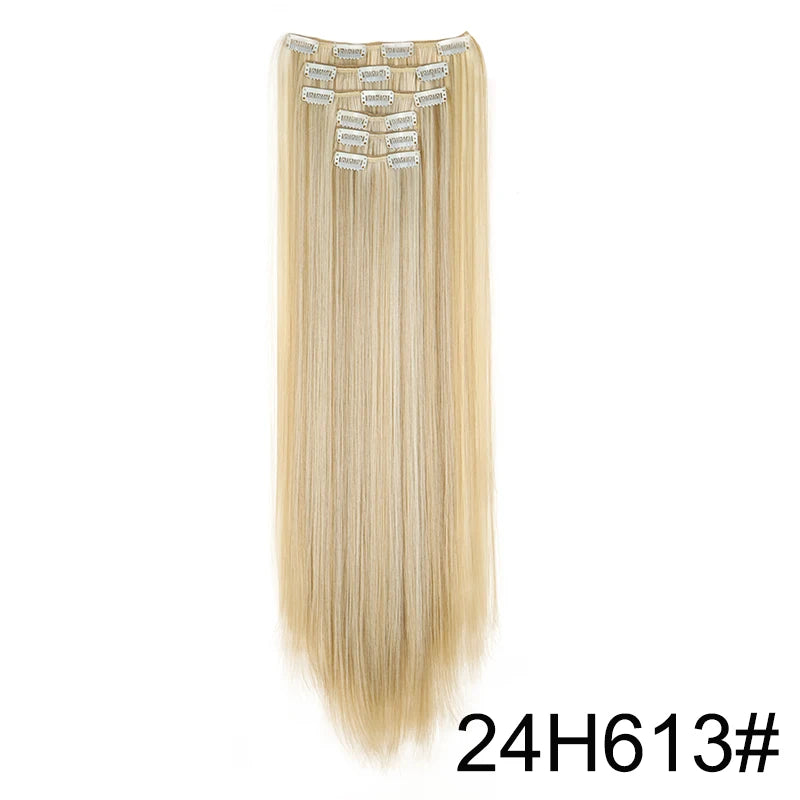 Synthetic Hair Extensions 24 Inch - 16 Clips Long Straight Hairstyle Blonde Black Heat Resistant Hairpieces for Daily Use