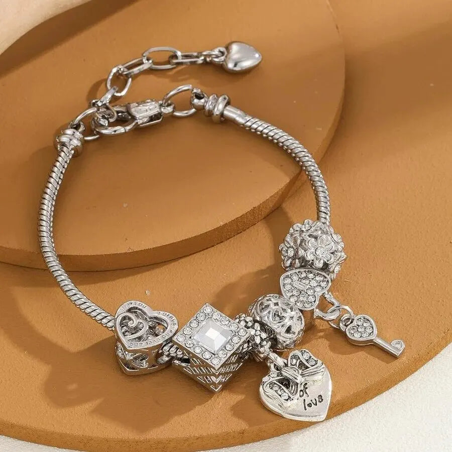 Obega Floral Heart Flower Crystal Charm Bracelet