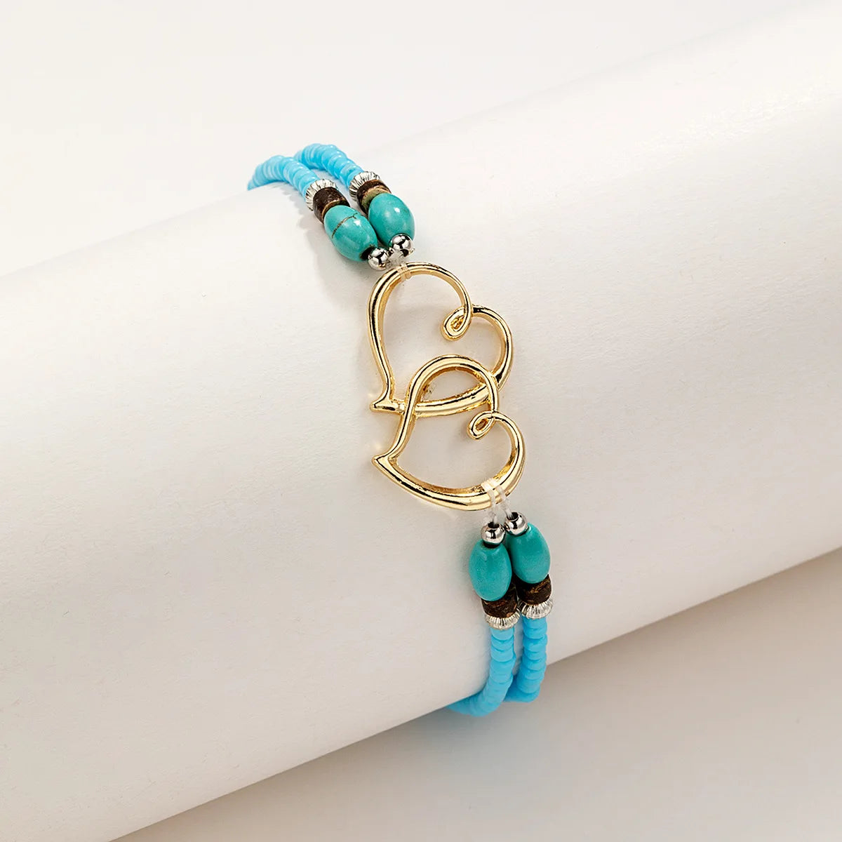 Bohemia Layered Beaded Anklet for Women with Hollow Double Heart Charm - Summer Beach Vacation Foot Jewelry Gift