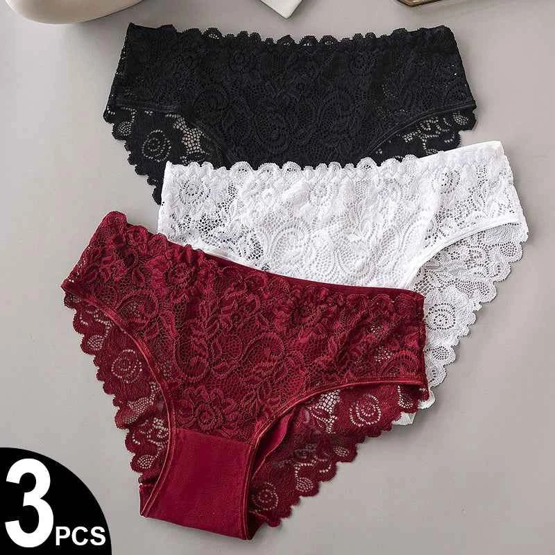 3PCS Set Luxury Floral Lace Panties Women Briefs Sexy Hollow Lingerie Breathable Underwear