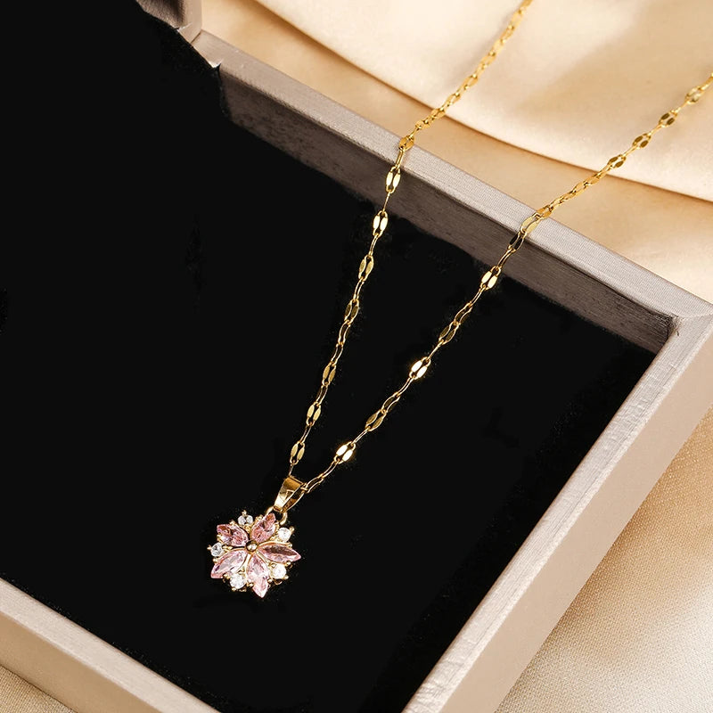 New Cute Pink Sakura Pendant Necklace for Women - Romantic Stainless Steel Clavicle Chain Jewelry Gift in Korean Fashion