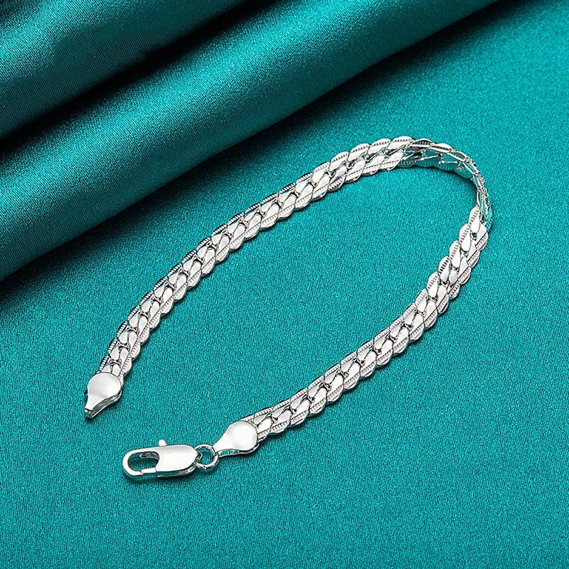 Fashion Hot 925 Silver Bracelet 6mm Flat Side Chain with Lobster Clasp for Women and Men, Perfect Wedding Engagement Jewelry Gift
