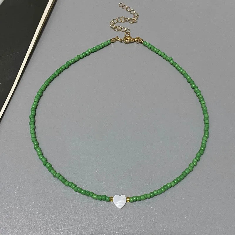 Nature Shell Heart Choker Necklace - Colorful Glass Beads Spring Summer Fashion Accessory for Girls, Perfect Gift for Friends
