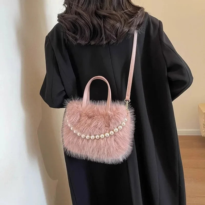 Winter Fashion Faux Fur Crossbody Bags with Pearl Chain Decor for Women’s Gifts, Ladies Handbags Top-Handle Style