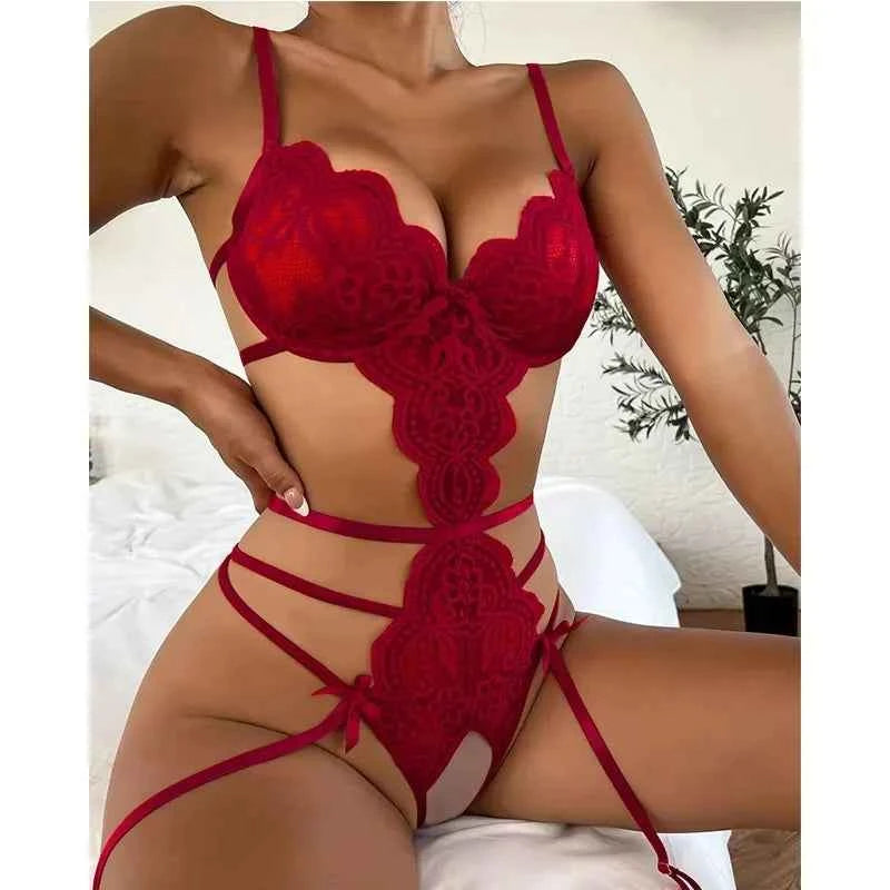 Hot Erotic Sexy Lingerie Set Women Push Up Bra Garter Set Lace Backless Straps Transparent Underwear Sets Plus Size Lenceria