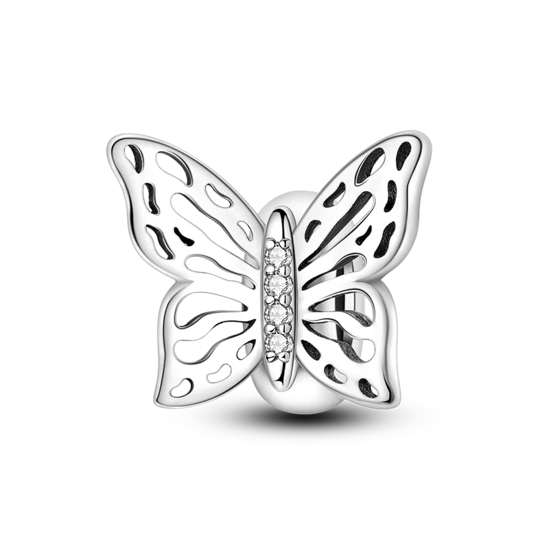 100% 925 Sterling Silver Butterfly Charm with Rainbow Zircon Colorful Dragon Shaped Silicone Stopper for DIY Bracelets Jewelry