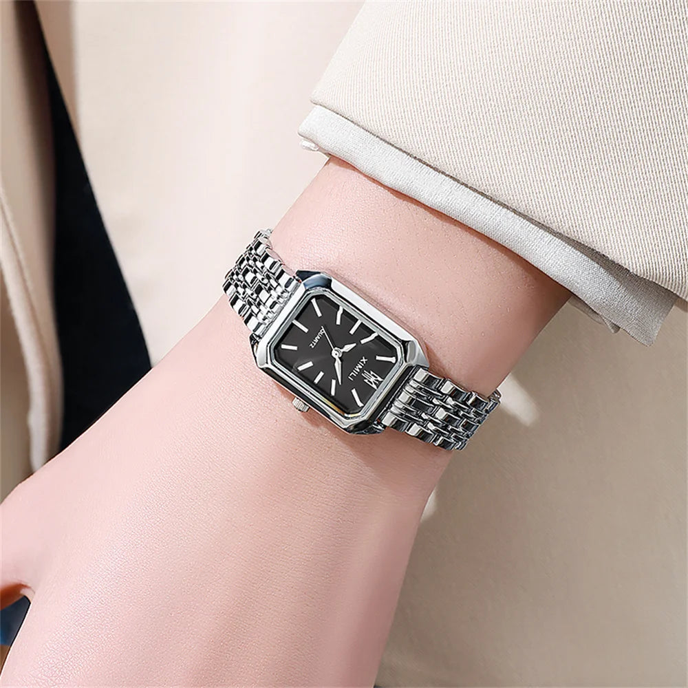 Luxury Ladies Quartz Watch - Simple Scale Square Gold Plated Business Stainless Steel Folding Clock