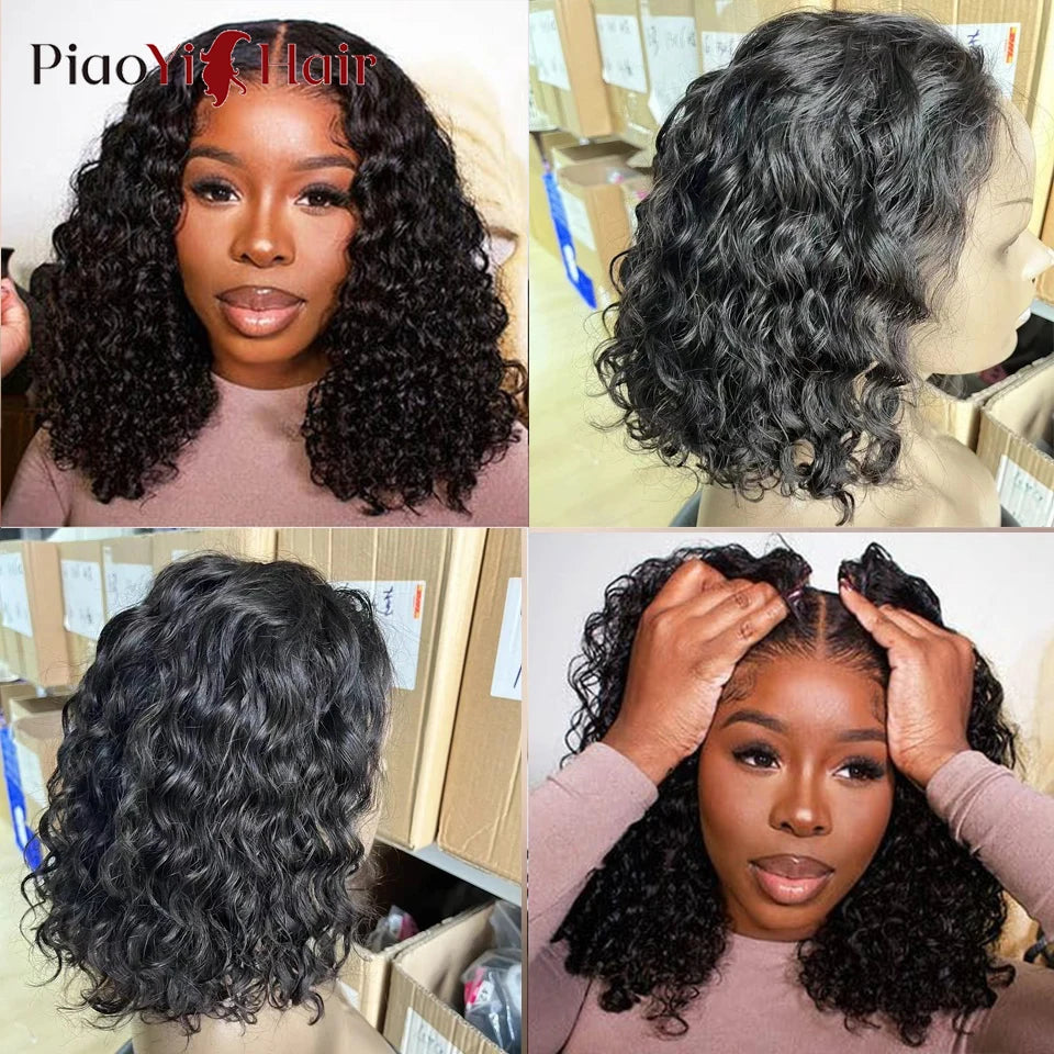 Glueless Human Hair Bob Wig - 100% Ready to Wear Water Wave Curly Lace Wig