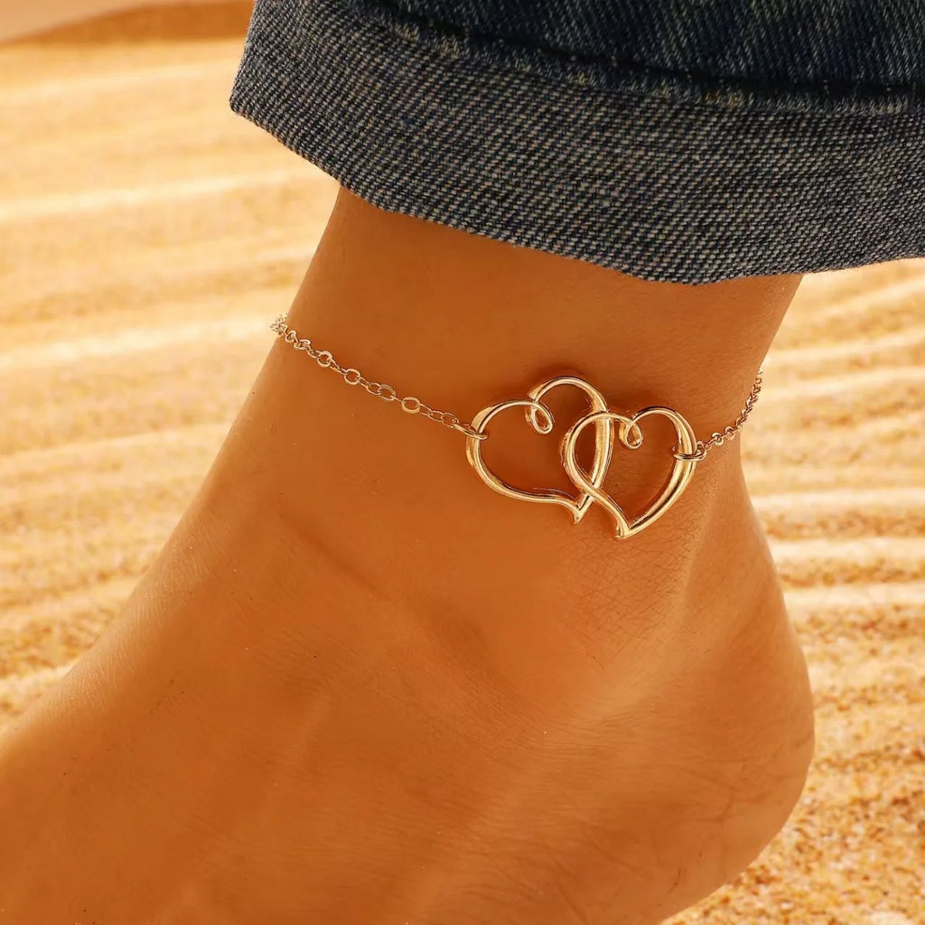 Bohemia Layered Beaded Anklet for Women with Hollow Double Heart Charm - Summer Beach Vacation Foot Jewelry Gift