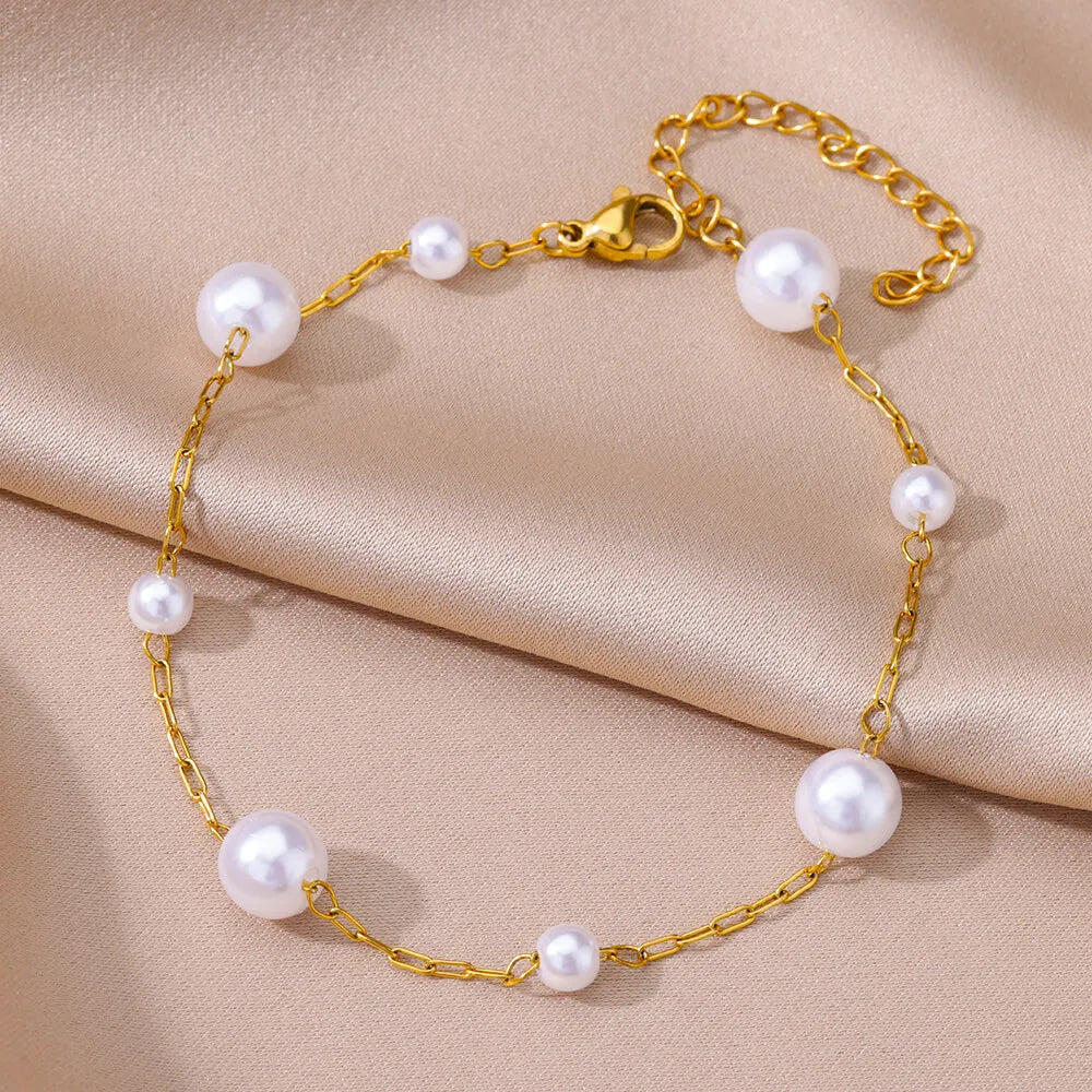 Gold Anklet for Women - Summer Beach Accessories Stainless Steel Imitation Pearl Chain Leg Bracelets Bodychain Gifts