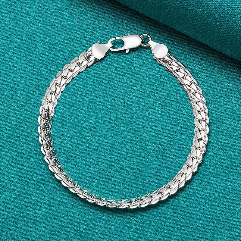 Fashion Hot 925 Silver Bracelet 6mm Flat Side Chain with Lobster Clasp for Women and Men, Perfect Wedding Engagement Jewelry Gift