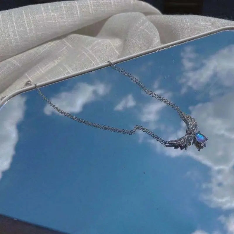 Light Luxury Moonstone Angel Wings Necklace for Ladies - Exquisite Collarbone Jewelry for Weddings