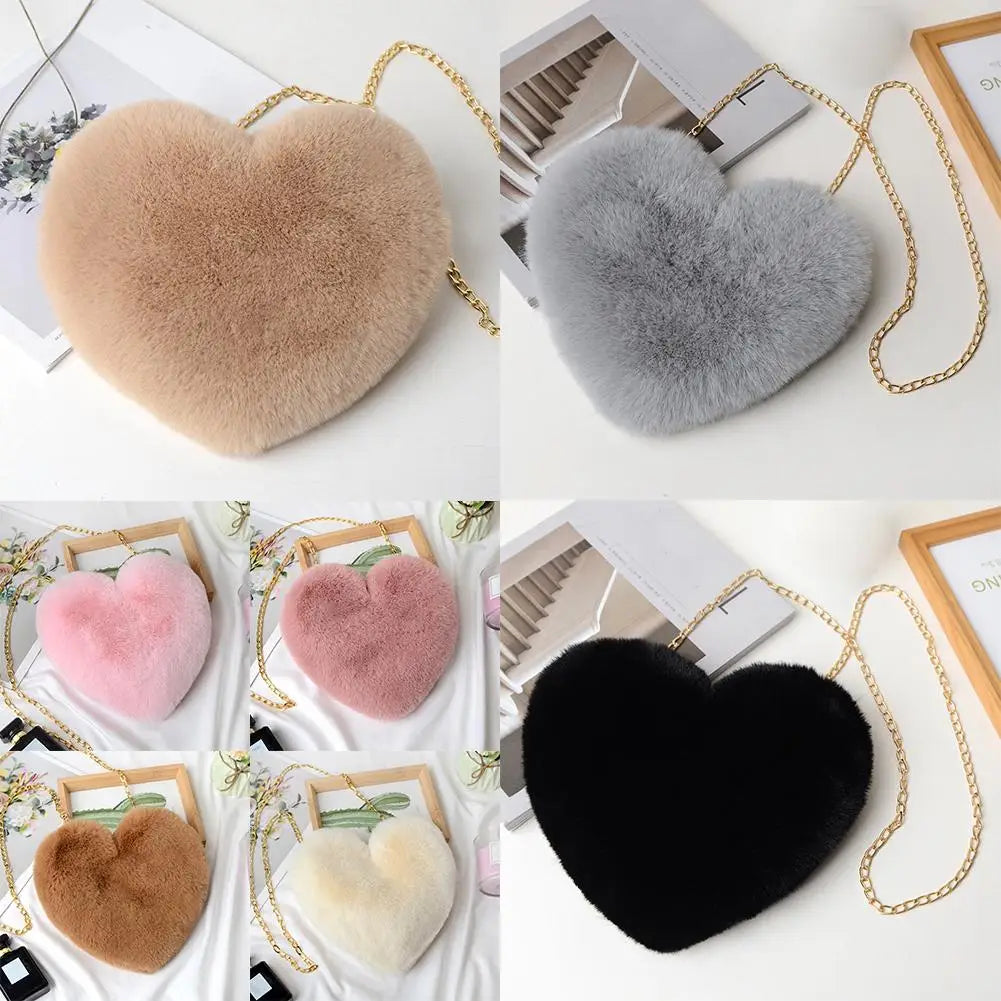 Fashion Women's Heart Shaped Handbags Cute Faux Fur Chain Shoulder Totes Crossbody Plush Bag