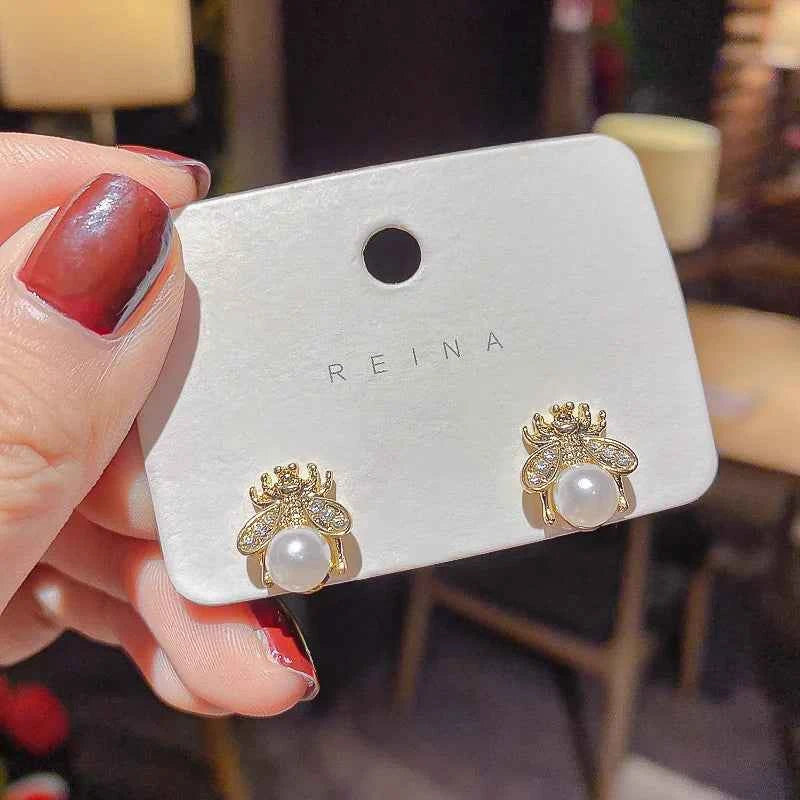 Silver Bee Pearl Stud Earrings