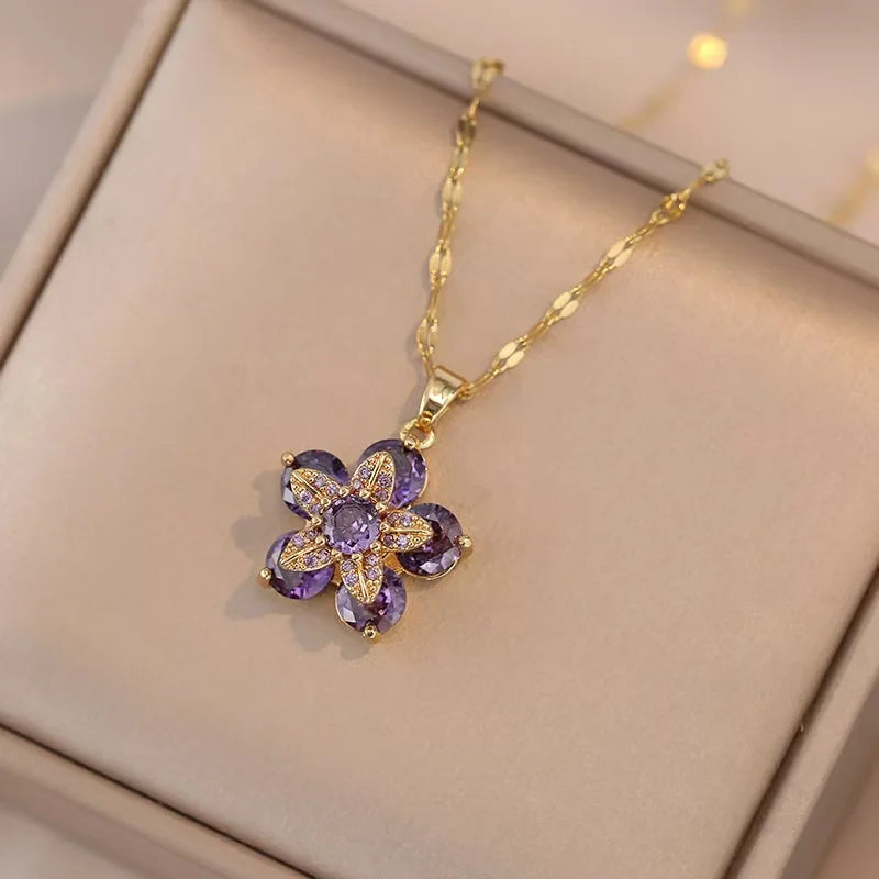 Light Luxury Zircon Flower Pendant Necklace for Women - Gold Color High-Quality Chain Jewelry Party Gifts
