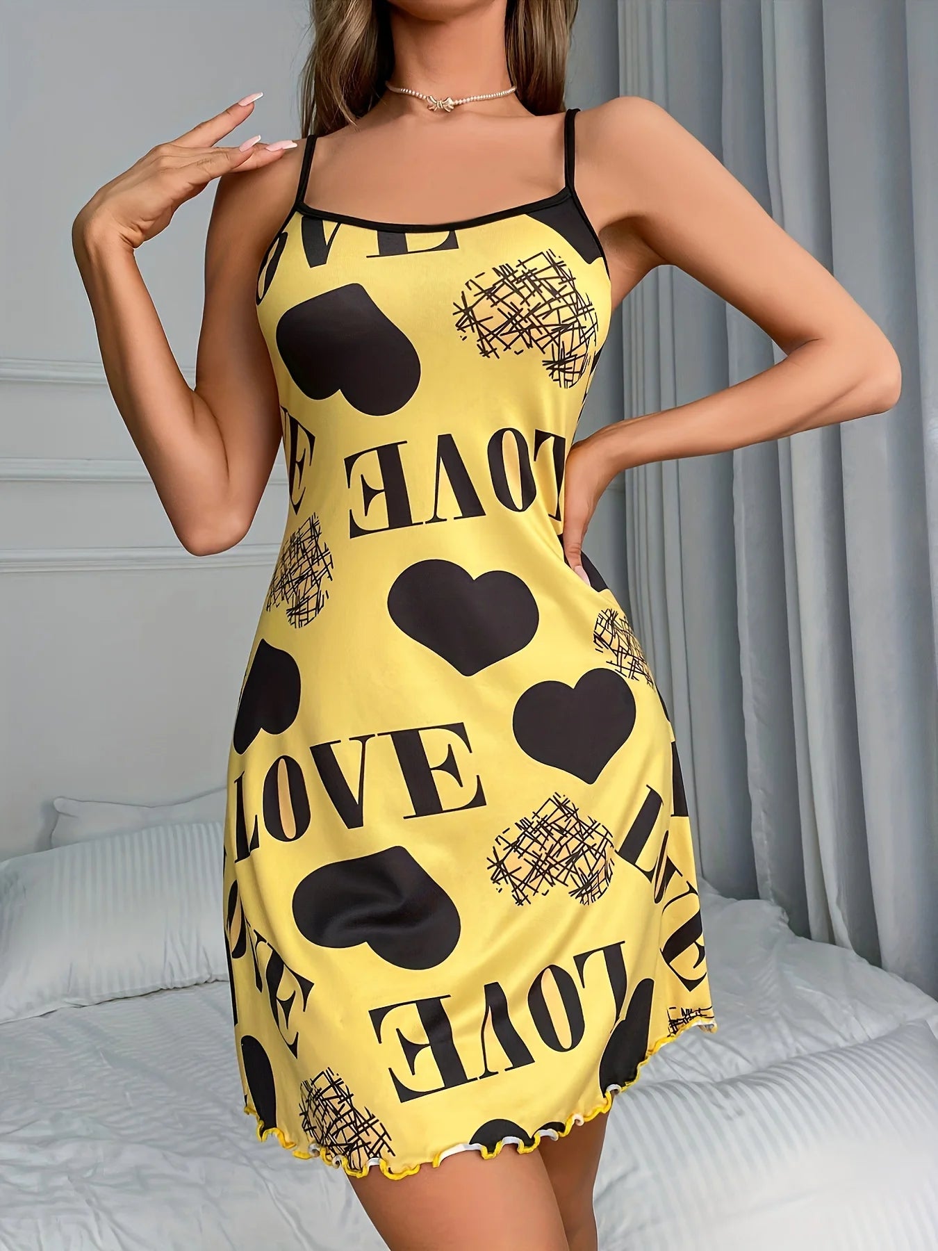 Love Heart Print Satin Nightgown for Women - Sexy Spaghetti Strap Sleepwear Dress and Soft Summer Loungewear Pajama Dress - Allurra Store