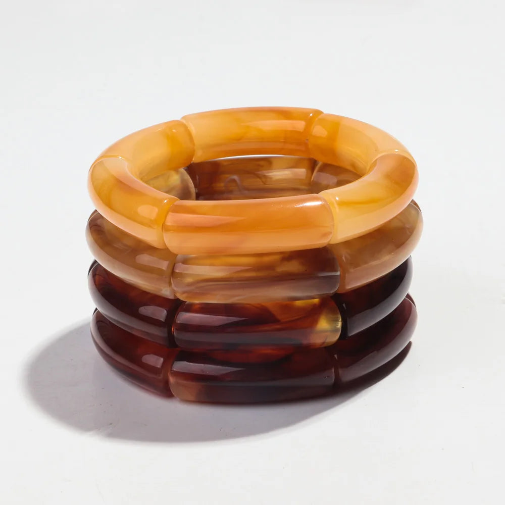 Fashion Acrylic Bracelet Set - 4PCS/Set Resin Amber Bamboo Bead Elastic Bangles Tube Beads Handmade 2024 Trendy Designer Bracelet Set