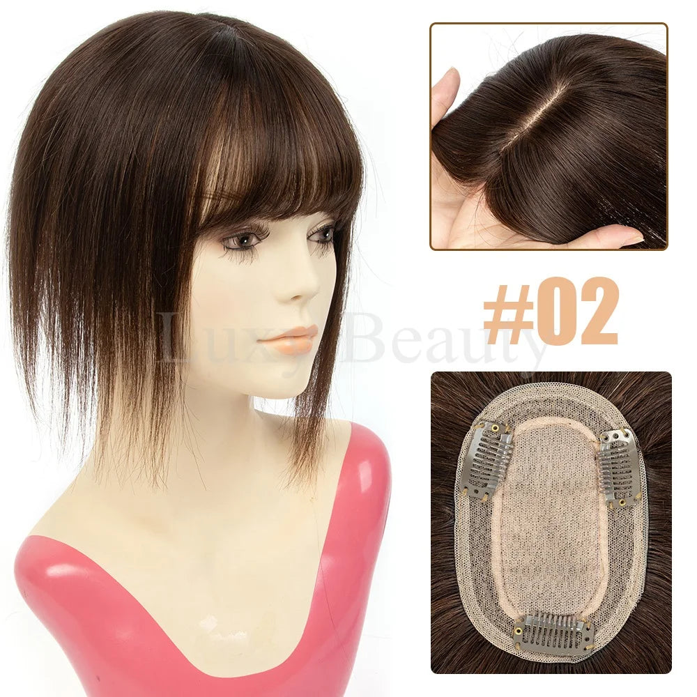 Brown Human Hair Topper with Bangs for Women - 8cmX12cm with Black Highlights for Blonde Skin, Clip-in Hair Piece