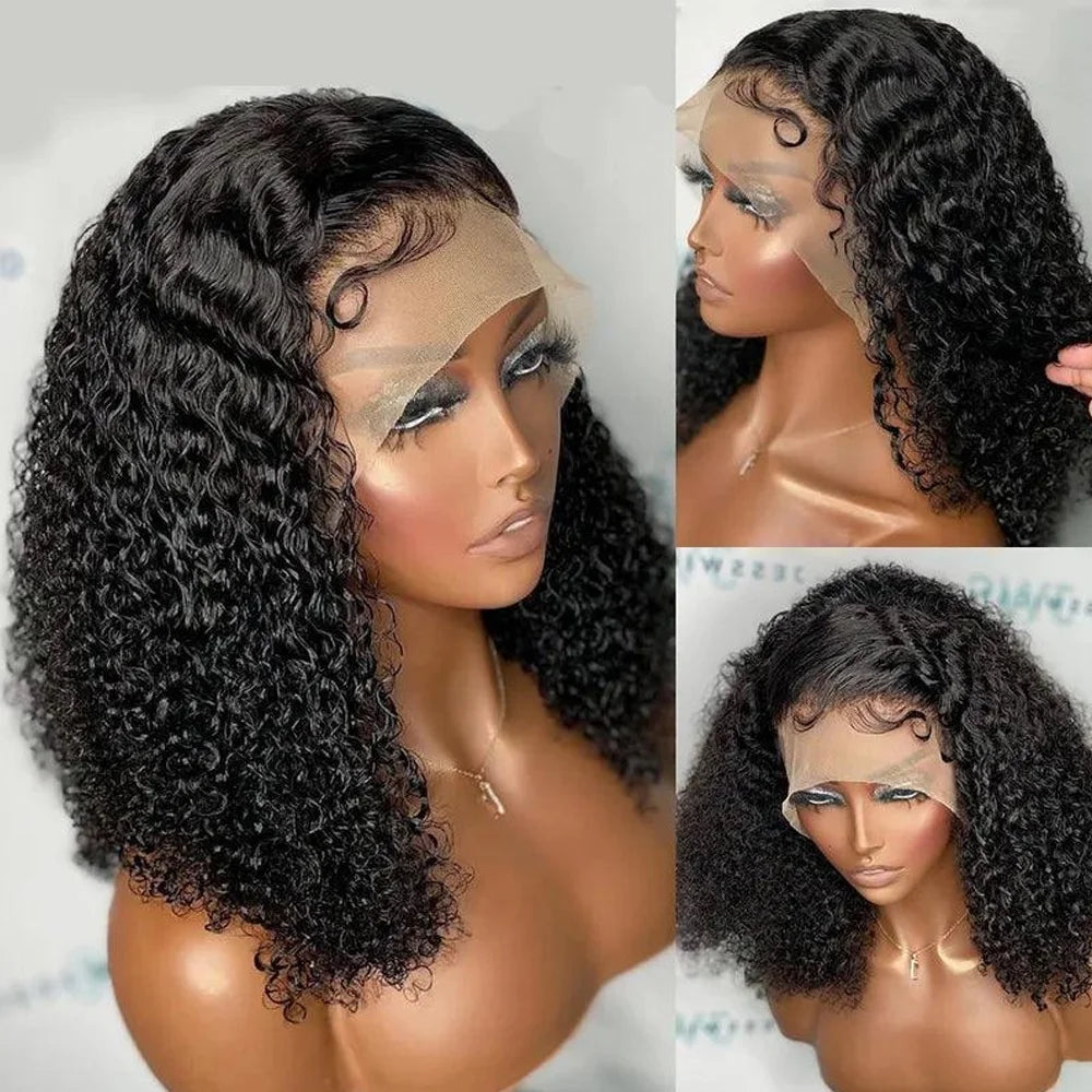100% Human Hair Kinky Curly Bob Wig - 13x4 Transparent Lace Front, 12-14 Inches, 220% Density, Pre-Plucked Deep Wave