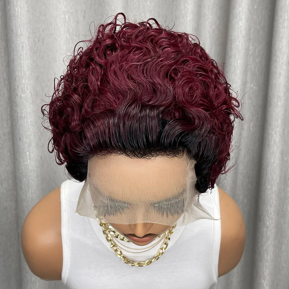 Ombre Burgundy Lace Front Wig - 13x4 Short Curly Pixie Cut Glueless Pre Plucked Human Hair Wig for Black Women