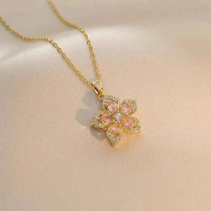 Light Luxury Zircon Flower Pendant Necklace for Women - Gold Color High-Quality Chain Jewelry Party Gifts