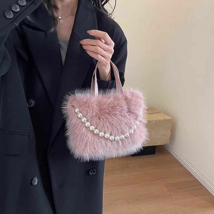 Winter Fashion Faux Fur Crossbody Bags with Pearl Chain Decor for Women’s Gifts, Ladies Handbags Top-Handle Style