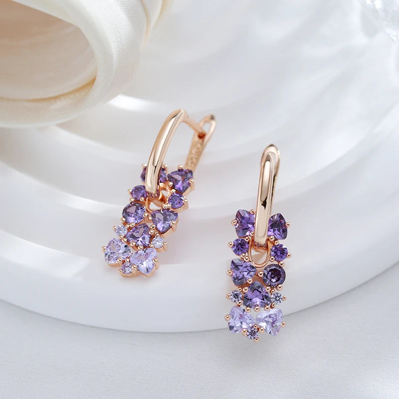 Kinel Hot Shiny Purple Zircon Drop Earrings for Women - 585 Rose Gold Wedding Jewelry Gift