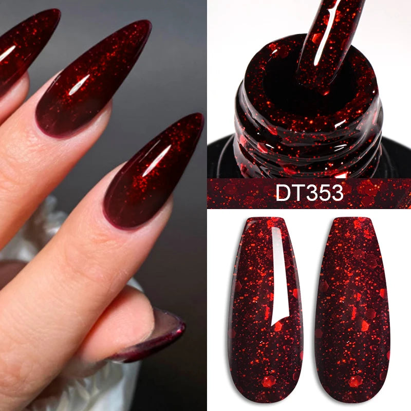 MEET ACROSS 7ml Red Gel Nail Polish - Crystal Semi Permanent Soak Off UV Gel Varnish for Stunning Nail Art Manicure with Matte Top Coat