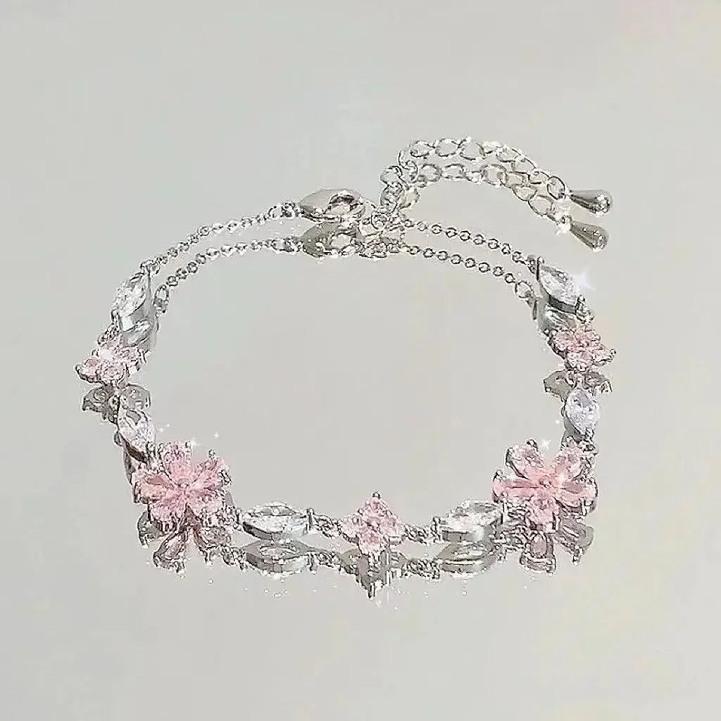 Shiny Pink Crystal Cherry Blossom Bracelet for Women and Girls - Sweet Moon Bow Flowers Zircon Party Aesthetic Jewelry