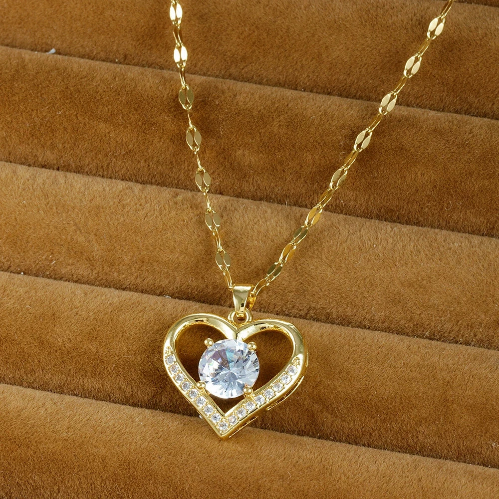 Htpwe Artificial Gems Heart Pendant Necklace - Golden Stainless Steel Lips Neck Chain for Women and Girls