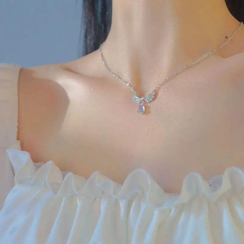 Light Luxury Moonstone Angel Wings Necklace for Ladies - Exquisite Collarbone Jewelry for Weddings