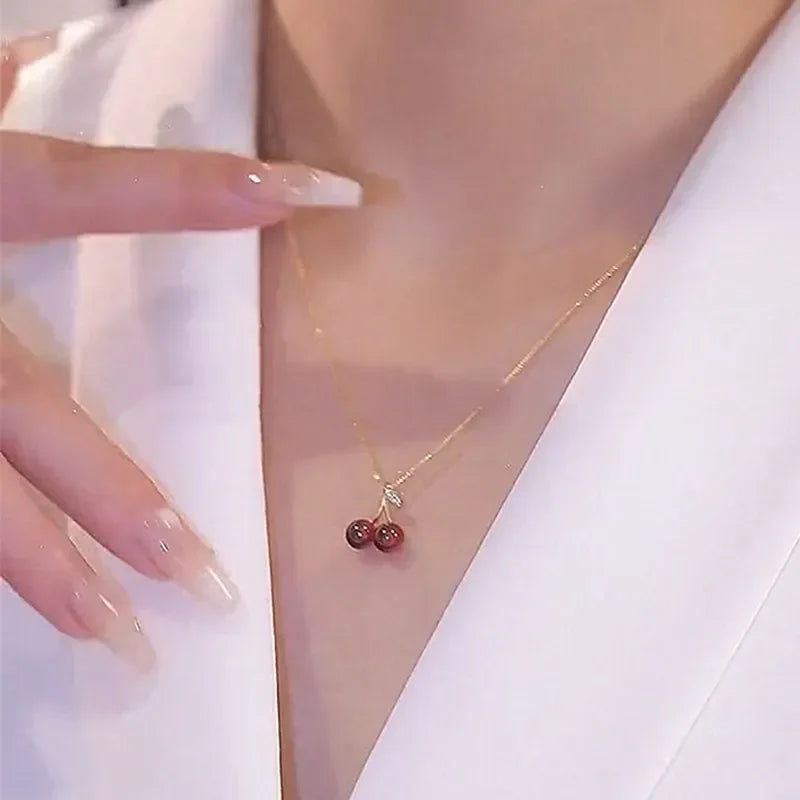 Little Wine Red Cherry Pendant Necklace for Women - Fashion Fruit Golden Chain Jewelry for Parties and Birthday Gifts