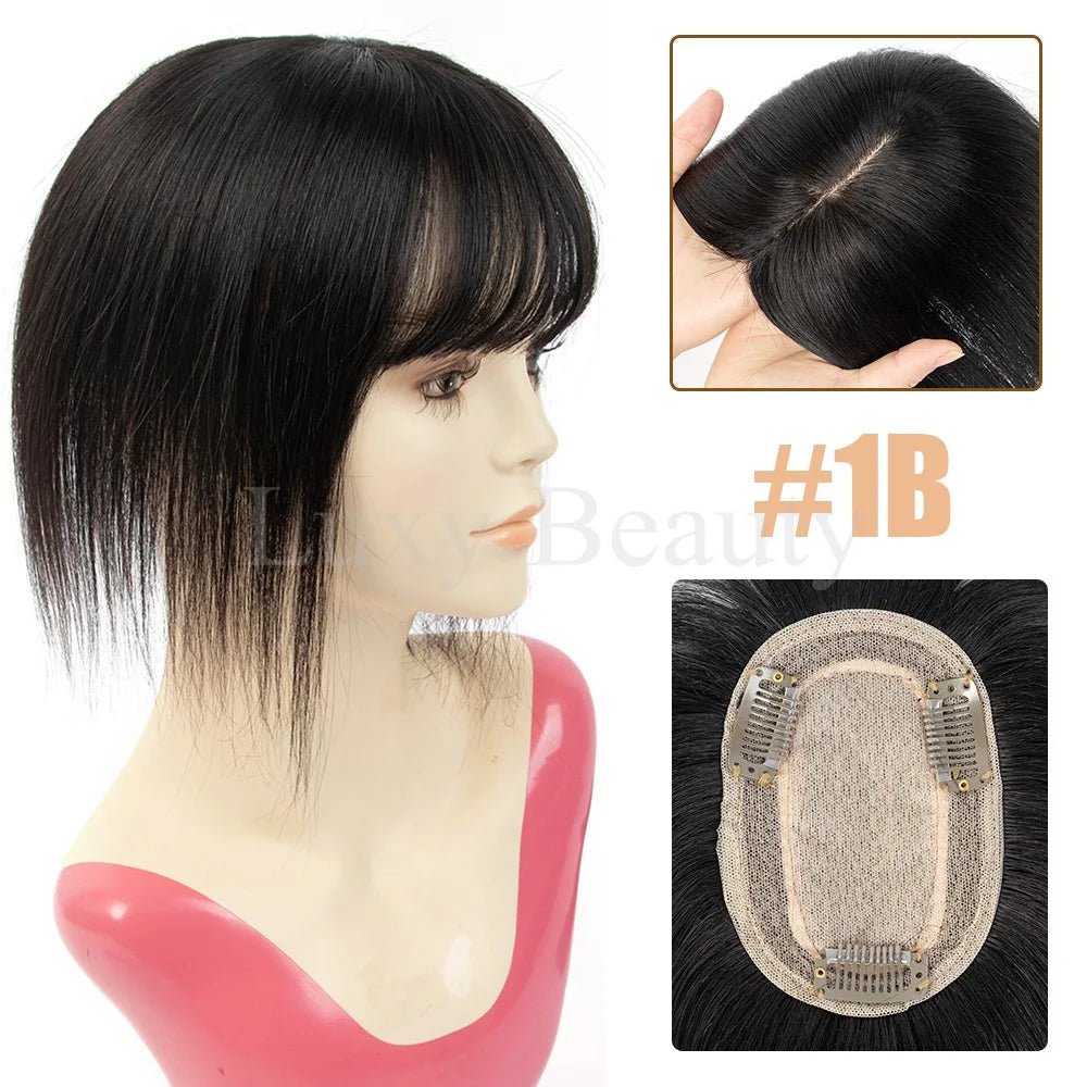 Brown Human Hair Topper with Bangs for Women - 8cmX12cm with Black Highlights for Blonde Skin, Clip-in Hair Piece