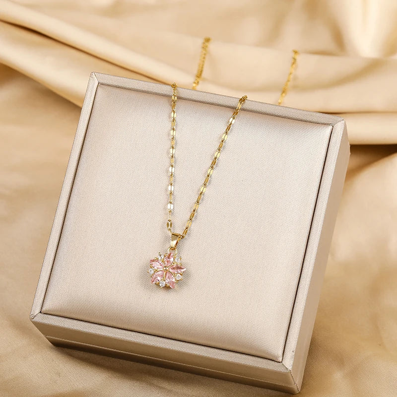 New Cute Pink Sakura Pendant Necklace for Women - Romantic Stainless Steel Clavicle Chain Jewelry Gift in Korean Fashion