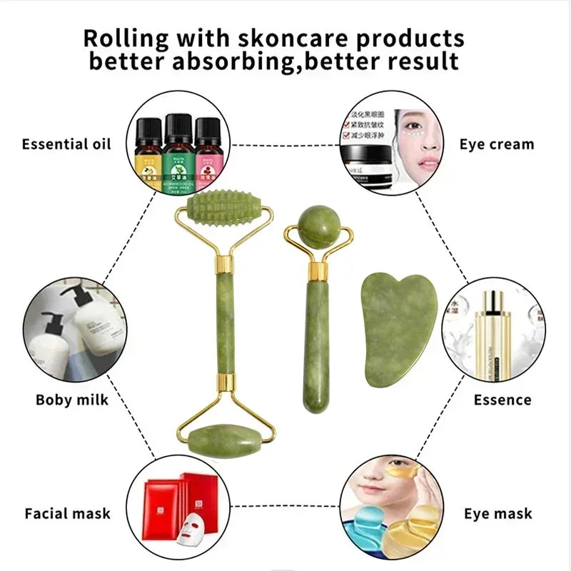 Natural Jade Roller and Gua Sha Set for Face, Neck, and Eye Care - Massage Tools for Visage Lifting and Relaxation - Allurra Store