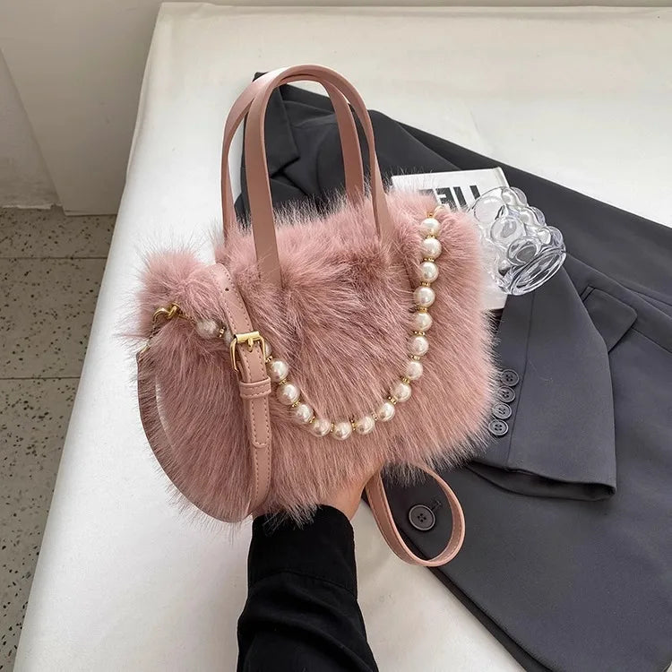 Winter Fashion Faux Fur Crossbody Bags with Pearl Chain Decor for Women’s Gifts, Ladies Handbags Top-Handle Style