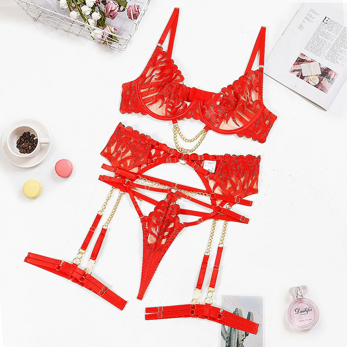 Ellolace Sexy Lingerie Sets Red Hot Push Up Fantasy Brazilian Intimate Transparent Lace Outfits
