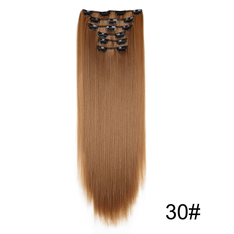 Synthetic Hair Extensions 24 Inch - 16 Clips Long Straight Hairstyle Blonde Black Heat Resistant Hairpieces for Daily Use