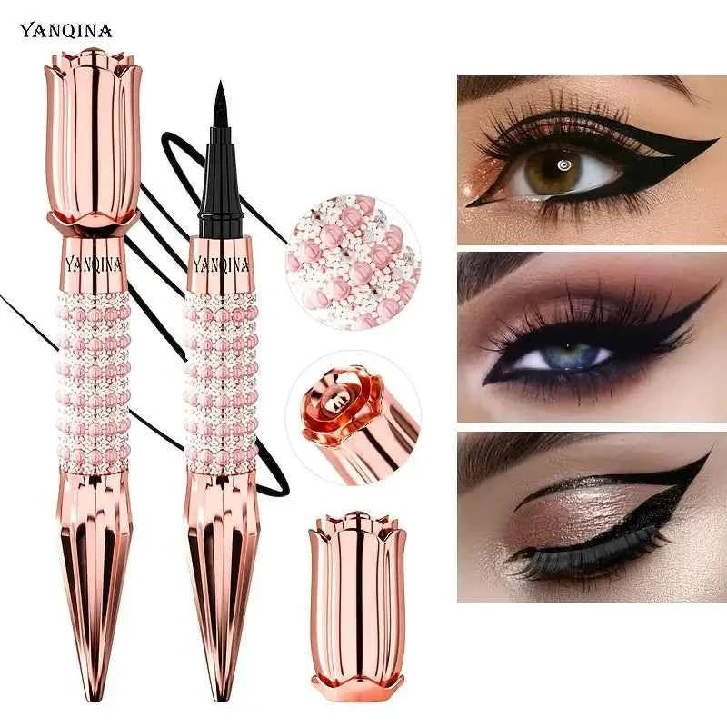 Precision Black Liquid Eyeliner with Rhinestones - Long-Lasting Waterproof Quick-Dry Eye Makeup
