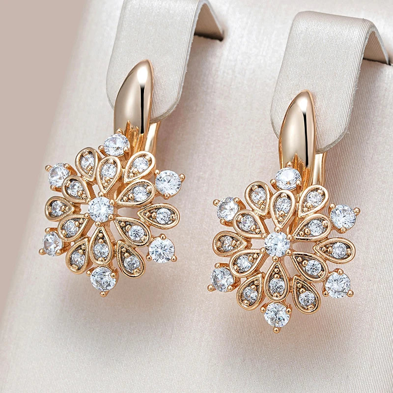 Kinel Hot 585 Rose Gold Crystal Dangle Earrings for Women - Shiny Natural Zircon Flower Design for Bride and Fine Jewelry