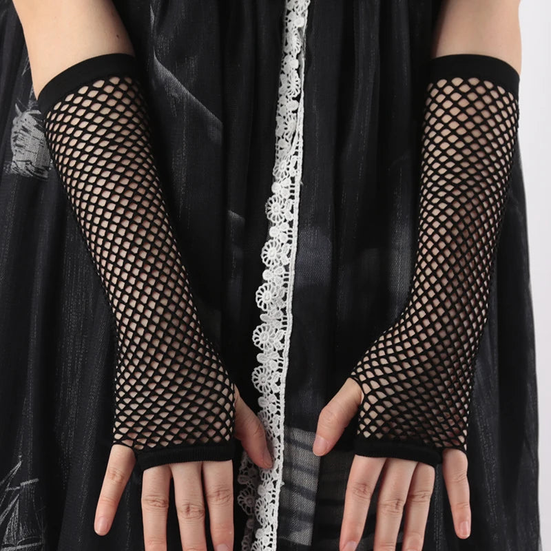 New Black Fishnet Gothic Gloves - Fingerless Long Arm Cuff Party Wear Cosplay Ninja Mitten for Women - Allurra Store