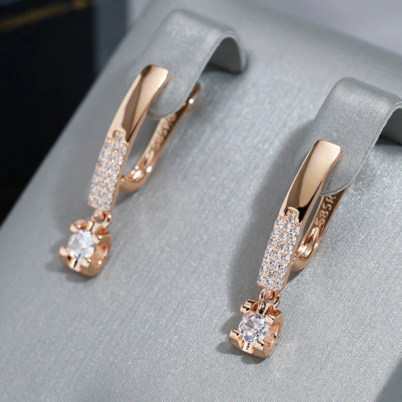 Wbmqda Simple Elegant Drop Earrings For Women 585 Rose Gold Color With White Natural Zircon Daily Party Fine Jewelry Accessories