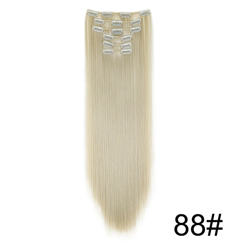 Synthetic Hair Extensions 24 Inch - 16 Clips Long Straight Hairstyle Blonde Black Heat Resistant Hairpieces for Daily Use