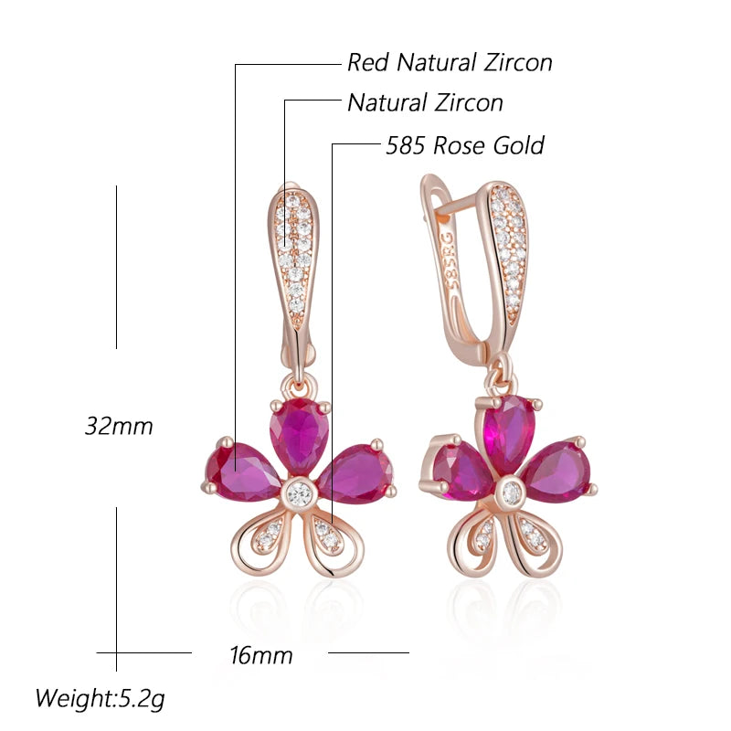Kinel Red Zircon Drop Earrings - Fashion 585 Rose Gold Color Crystal Flower Accessories for Women