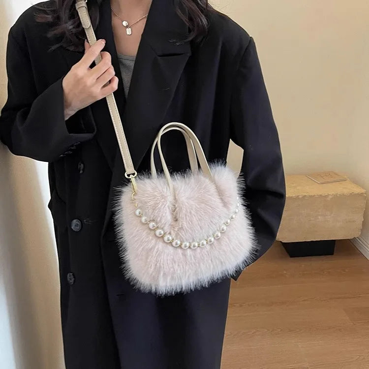 Winter Fashion Faux Fur Crossbody Bags with Pearl Chain Decor for Women’s Gifts, Ladies Handbags Top-Handle Style