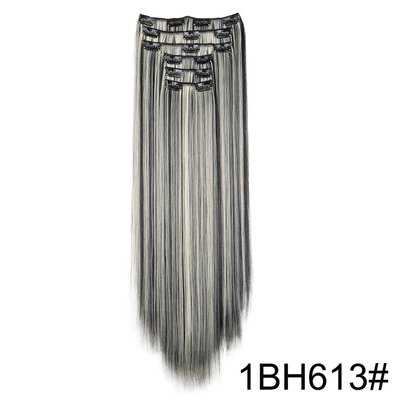 Synthetic Hair Extensions 24 Inch - 16 Clips Long Straight Hairstyle Blonde Black Heat Resistant Hairpieces for Daily Use